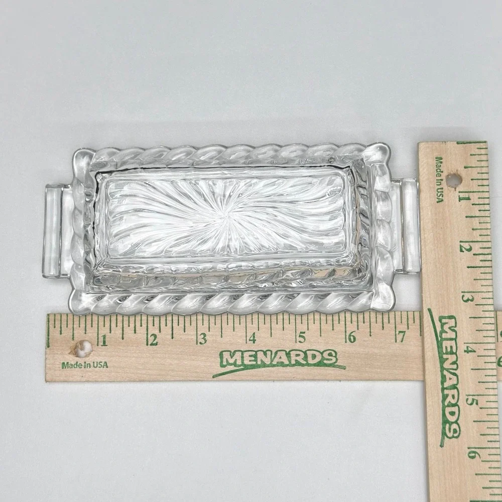 Vintage Clear Pressed Glass Butter Dish Sunburst Swirl Pattern Handled Tray Lid